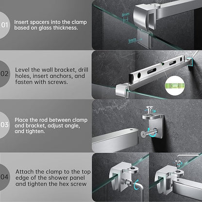 Frameless Shower Door Support Bar, Stainless Steel Wall-to-Glass Support Arm to Fixed Shower Glass Panel, for 1/4"-3/8" (6-10 mm) Door, 180° Pivot & Stow-Flat Mode (Brushed Nickel, 27.6-inch(700mm))