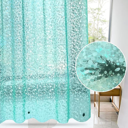WELTRXE 8G EVA Clear Teal Shower Curtain with 3D Pebbles Design, 72x72 Inches Plastic Waterproof Shower Curtain Liner with Magnets/12 Hooks/Rustproof Grommets for Bathroom, Heavy Shower Liner
