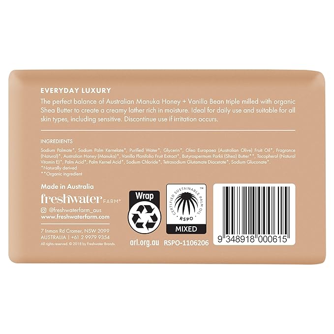 Freshwater Farm Australia Soothing Castile Natural Body Bar/Soap Bar for Women/Men- Manuka Honey + Vanilla Bean. Bar Soap/Body Soap With Organic Shea Butter For Dry, Sensitive Skin - 7 oz x 8 pack