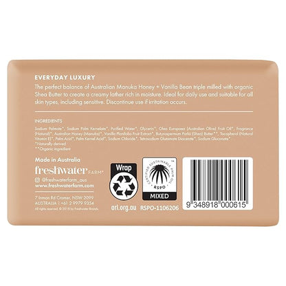 Freshwater Farm Australia Soothing Castile Natural Body Bar/Soap Bar for Women/Men- Manuka Honey + Vanilla Bean. Bar Soap/Body Soap With Organic Shea Butter For Dry, Sensitive Skin - 7 oz x 8 pack
