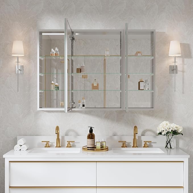 WELLFOR 44" x 30" Rectangle Medicine Cabinet Mirror, Surface Mount or Recessed Medicine Cabinet with Tempered Mirror, Anodized Chrome Aluminum Frame, Bathroom Mirror with Storage
