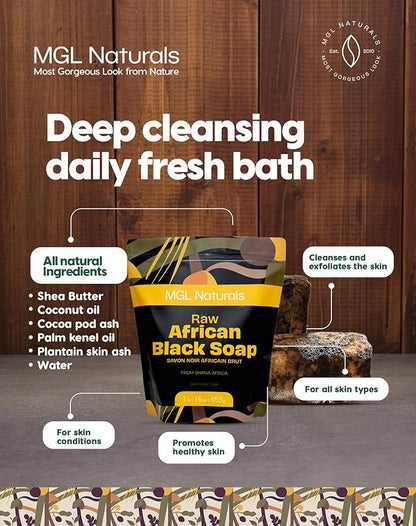 MGL Naturals Raw African Black Soap 5 lb bulk handmade from Ghana, Africa | Vegan & Organic | Face and body deep cleanse wash. (5 lb)