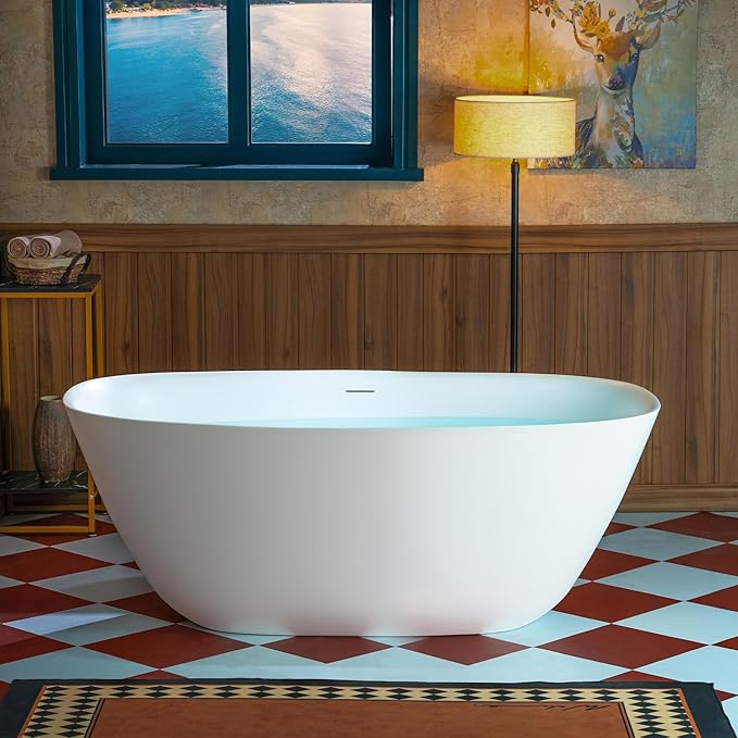 WOODBRIDGE 59" L x 32-5/8" W Luxury Contemporary Solid Surface Stone Resin Freestanding Bathtub in Matte White