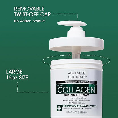 Advanced Clinicals Collagen Cream Body Lotion & Face Moisturizer | Skincare Anti Aging Collagen Lotion For Women, Men, Hand, & Neck Improves Look Of Crepe Skin & Uneven Dry Skin, 16Oz + Travel Size