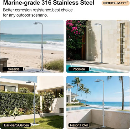 RBROHANT Freestanding Outdoor Shower, 316 Marine Grade Stainless Steel Beach Shower, Free Standing Hot and Cold Water Pool Shower with 10’’ Rain Shower Head and Handheld, Brushed Nickel, Floor Mounted