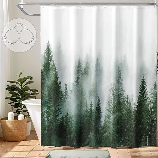ORTIGIA Green Shower Curtain for Bathroom Misty Forest Pattern, Nature Woodland Artistic Shower Curtain Set with Metal Hooks, Waterproof Weighted Pine Tree Fog Bath Curtain, 72x72