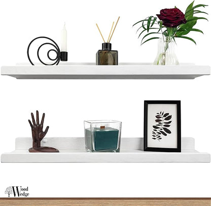 Floating Shelves for Wall 24 inch, Waterproof, Wall Storage Shelves with Lip, Display Picture Ledge Shelf for Living Room Photo Frame, Natural Wood Hanging Book Shelves (White, Set 2)