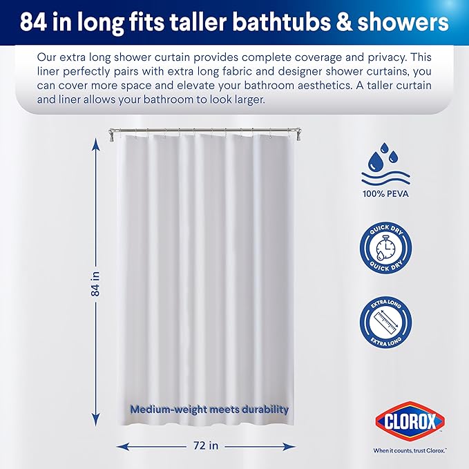 CLOROX Shower Curtain Liner, Premium Medium-Weight Durable Waterproof 6g PEVA for Bathroom with Weighted Magnets, Extra Long 72" x 84", Frosty 1 Pack