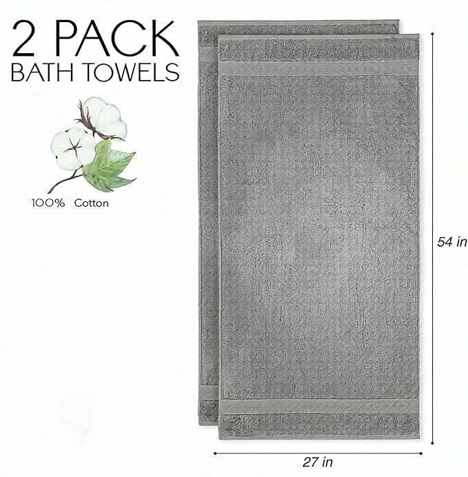 Cloudura Luxury Bath Towels-100% Cotton | Quick Dry | Lightweight | Thick,I Good for Spa,Gym & Hotel Quality,(27'x54')-Soft & Absorbent (Grey, Set of 2)