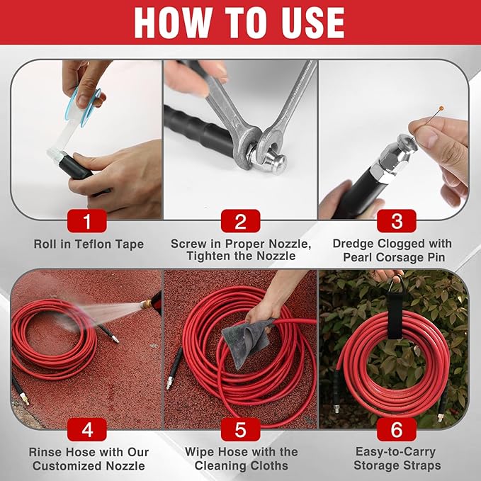 Sewer Jetter Kit 150FT for Pressure Washer, 5800 PSI Drain Cleaner Hose 1/4 Inch NPT with Spray Nozzle, Button Nose and Rotating Sewer Jetting Nozzle, Spanner Teflon Tape Pearl Corsage Pin