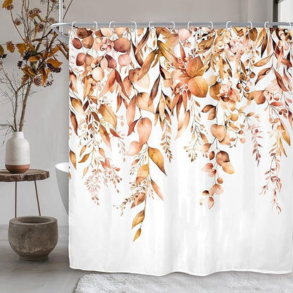 Riyidecor Burnt Orange Fall Autumn Shower Curtain for Bathroom Decor 72Wx72H Eucalyptus Botanical Leaf Plants Watercolor Floral Nature Art Printed Fabric Polyester Waterproof