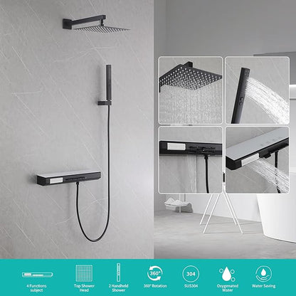 Matte Black Rain Shower System Combo: 10" Wall-Mounted Shower Fixtures with 2-in-1 Handheld Spray, Shower Valve with Body Jets, and Waterfall Spout Shower Faucet Set