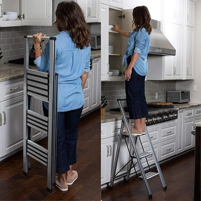BIRDROCK HOME 3 Step Ladder | Folding Anti-Slip Step Stool, 250 lb Capacity | Lightweight, Slim & Sturdy Design for Household, Kitchen, Garage, Indoor & Outdoor Use | Collapsible, Portable, Heavy-Duty