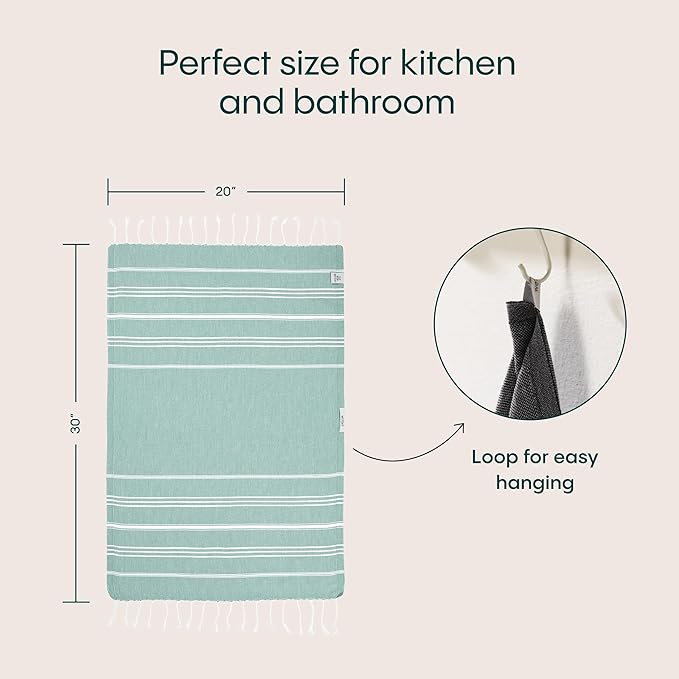 WETCAT Turkish Hand Towels with Hanging Loop, Set of 2 (20" x 30") 100% Turkish Cotton, Pre-Washed, Quick Drying, for Kitchen or Bathroom - Teal