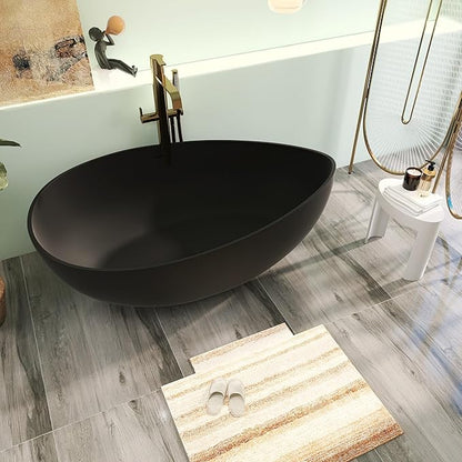 63" Premium Solid Surface Freestanding Bathtub, Contemporary Design Stand Alone Stone Resin Tub with Overflow and Pop-up Drain, Matte Black