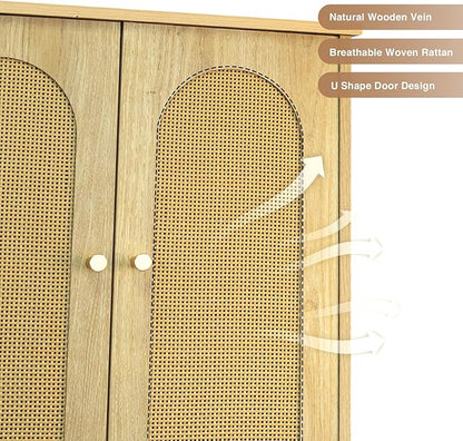 Rattan Toilet Storage Cabinet, Over The Rack Wood Cabinet with Metal Stand, Bathroom Organizer with Adjustable Shelf, Tall Freestanding Washer Shelf, Small Cupboard, Natural