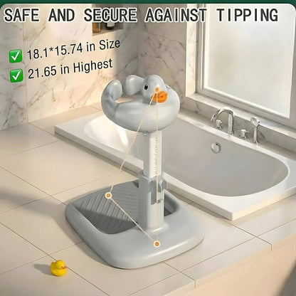Baby Bath Stand with Built-in Seat - Duck Design - Anti-Slip Base - Baby Shower Stand for Sitting or Standing (Gray)