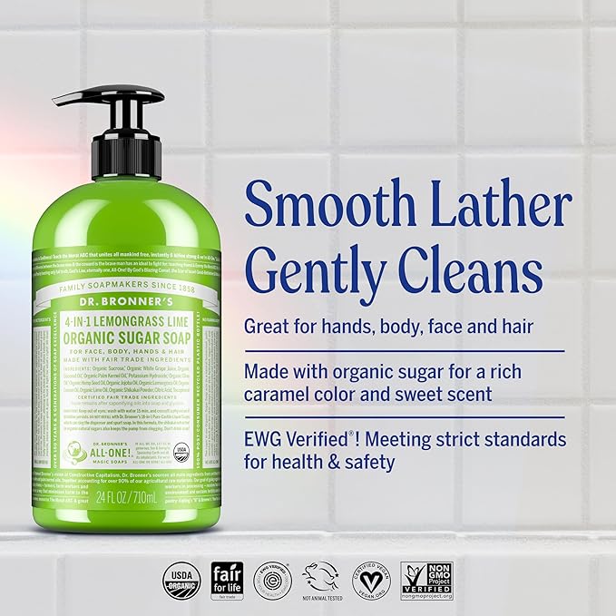 Dr. Bronner's - Organic Sugar Soap (Lemongrass, 24 Ounce) - Made with Organic Oils, Sugar and Shikakai Powder, 4-in-1 Uses: Hands, Body, Face and Hair, Cleanses, Moisturizes and Nourishes, Vegan