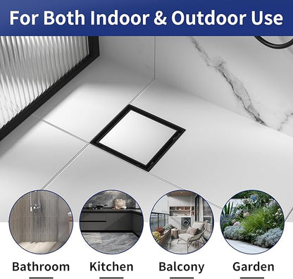 Square Shower Drain 6", Matte Black Floor Drain with Tiled Insert Grate & Hair Strainer, 304 Stainless Steel Bathroom 2-in-1 Tiled in Drain, CUPC Certified (Matte Black, 6'')