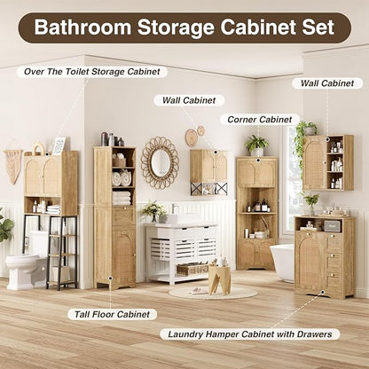 Rattan Over The Toilet Storage Cabinet with Adjustable Shelf and Large Space, Bathroom Organizers and Storage Over Toilet with Rattan Door, Metal Stand, Tall Storage Shelves Above Toilet, Natural