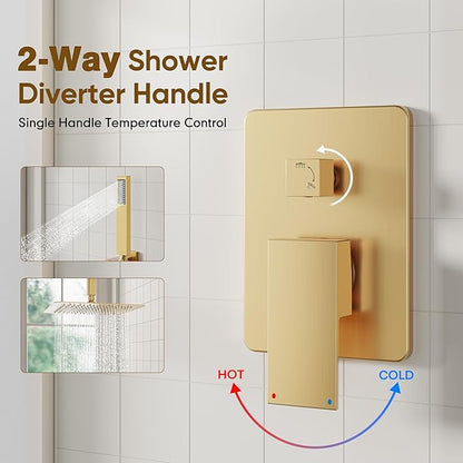 ESNBIA Shower Head System Gold, All Metal Ceiling Shower Faucet Set with Pressure Balance Valve Kit, 10 Inches Rain Head with Handheld Spray, Brushed Gold