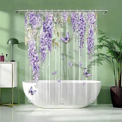 Clear Purple Floral Lavender Butterfly Shower Curtain, Plastic Transparent Cute Pretty Flower Decorative Aesthetic Shower Curtains for Bathroom, 72x78 Weighted Magnetic Shower Curtain Liner with Hooks