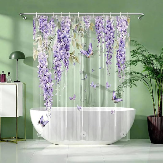 Clear Purple Floral Lavender Butterfly Shower Curtain, Plastic Transparent Cute Pretty Flower Decorative Aesthetic Shower Curtains for Bathroom, 72x78 Weighted Magnetic Shower Curtain Liner with Hooks