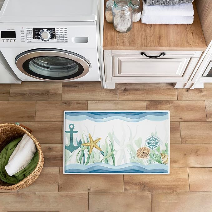 Stupell Industries Bayside Sea Life & Waves Plush Bathroom Mat & Bath Rug, Soft Quick-Dry Non-Slip Bathroom Rug with Recycled Foam Cushion, Coastal Ocean Marine Life Design by Kim Allen, 18"x30"