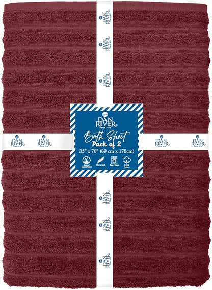 DAN RIVER Pack of 2 Bath Sheet 35x70 Inches, Ribbed Jumbo Bath Towels, Soft and Absorbent Extra Large Towels - Pomegranate