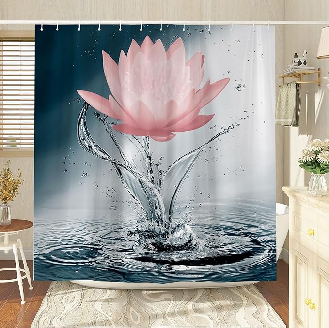 Lotus Shower Curtain Black White Blue Red Flower Elegant Blooming Floral with Dew Spring Flower Reflection on Water Modern Romantic Polyester Fabric Bathroom Decor 70×78 Inch with Hook