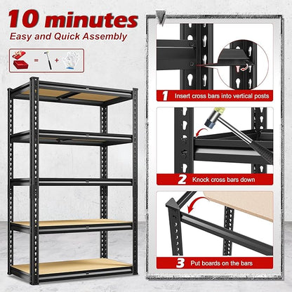 REIBII Storage Shelves 5 Tier Adjustable Garage Shelving Heavy Duty Metal Shelving 2020LBS Metal Shelf 59.8" H Pantry Shelf for Garage Pantry Closet Kitchen Basement 28" W x 12" D x 59.8" H, Black