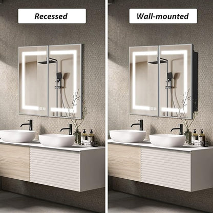 APRILSOUL 40X32 Inch Silver Bathroom Medicine Cabinet with Mirror, Recessed or Surface Lighted Medicine Cabinet with 3 Colors Temperature, Dimmable Light
