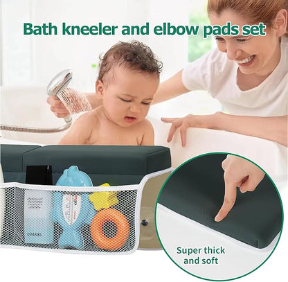Comfortable Baby Bath Kneeler and Elbow Rest Pad Set, Thick Memory Foam Bath Kneeling Pad with Elbow Support, Baby Bathtub Cushion with Toy Organizer, Non-Slip for Infant or Toddler Bathing