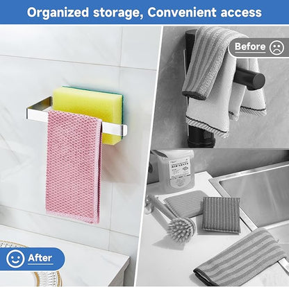 Sponge and Dish Cloth Holder for Kitchen Sink, 2 in 1 Adhesive Sink Dish Sponge Holder, Sinks Caddy Organizer Rack for Storage Sponges Scrubber Glove and Brush, Silver