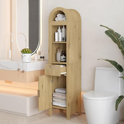 64.2" Arched Bathroom Storage Cabinet with 3 Shelves, Drawer, and Hidden Compartment – Modern Oak Storage Unit for Bathroom, Entryway, Living Room