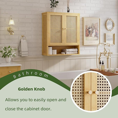 Bathroom Wall Cabinet, Bamboo Over-The-Toilet Storage Organizer with 2 Rattan Doors and Adjustable Shelf, Space Saver Medicine Cabinet for Laundry, Kitchen, Living Room (Natural)