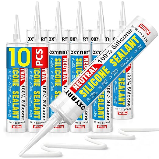 Silicone Caulk & Sealant White, 10 Pack - 100% Waterproof Silicone Sealant, Silicone Caulking for Kitchen and Bathroom, Toilet, Sink, Window ＆ Door Use, Shrink & Crack Proof (10.1 FL.OZ/300ml)