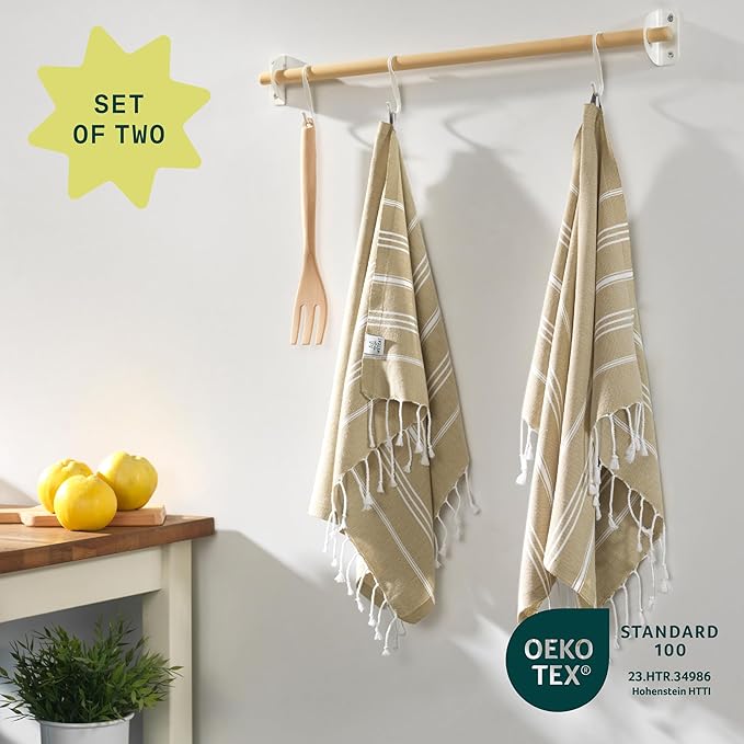 WETCAT Turkish Hand Towels with Hanging Loop, Set of 2 (20" x 30") 100% Turkish Cotton, Pre-Washed, Quick Drying, for Kitchen or Bathroom - Pale Olive Green