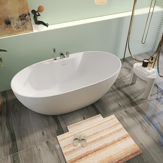 63" Premium Solid Surface Freestanding Bathtub with Three Holes Faucet, Contemporary Design Stand Alone Stone Resin Tub with Overflow and Pop-up Drain, Matte White