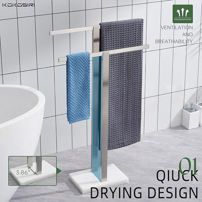 KOKOSIRI Bathroom Towel Racks 2-Tier Standing Towel Bars with Marble Base, Stainless Steel Freestanding Towels Holder, Thicken Steady Design, Brushed Nickel THS0003-BR