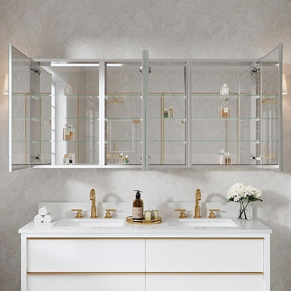 WELLFOR 64" x 30" Rectangle Medicine Cabinet Mirror, Surface Mount or Recessed Medicine Cabinet with Tempered Mirror, Anodized Chrome Aluminum Frame, Bathroom Mirror with Storage