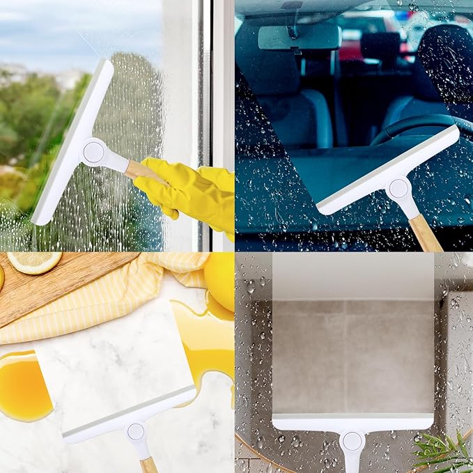 9.5" Shower Squeegee, Handheld Squeegee with Wooden Handle for Window Cleaning，Glass Doors, Car Windshields，Shower Doors，Grey