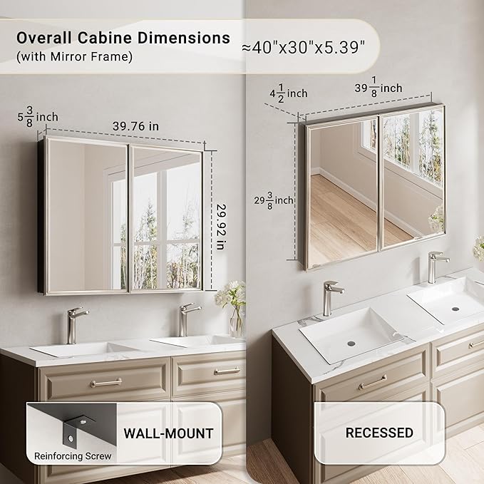 Pre-Assembled Surface or Recessed Medicine Cabinet Mirror-40x30 Brushed Nickel Bathroom Medicine Cabinet with Mirror & Rustproof Aluminum Frame, Beveled Bathroom Vanity Mirror with Storage