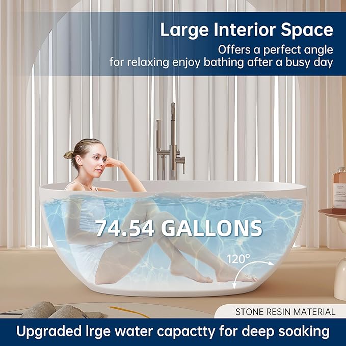 59'' Stone Resin Freestanding Bathtub, Bathroom Solid Surface Tub Bathtubs soaker Tubs Oval Shaped Matte Luxury Modern Soaking Tub with Overflow and Pop-up Drain - White