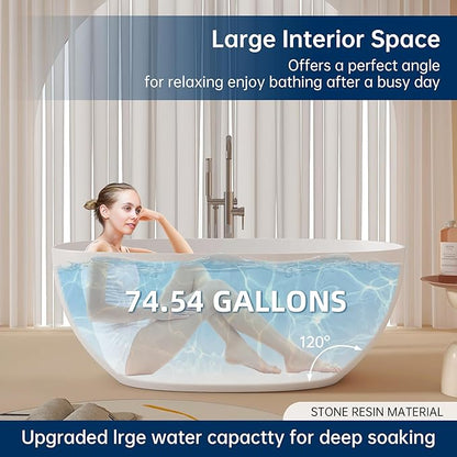 59'' Stone Resin Freestanding Bathtub, Bathroom Solid Surface Tub Bathtubs soaker Tubs Oval Shaped Matte Luxury Modern Soaking Tub with Overflow and Pop-up Drain - White