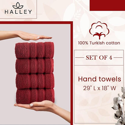 HALLEY Turkish 4 Pack Premium Hand Towels (4 Pieces) 650 GSM Highly Absorbent Super Soft 100% Cotton - 4 Hand Towels (Red)