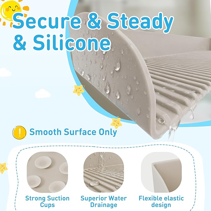 Roslim Bathtub Splash Guard for Kids - Silicone Bath Splash Guard Shelf, Large Bath Toy Tray Holder, Tub Water Splash Guard with Strong Suction Cups, Bathroom Accessories for Baby Bath, Taupe