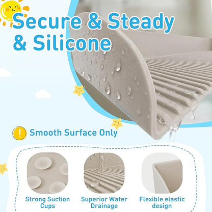 Roslim Bathtub Splash Guard for Kids - Silicone Bath Splash Guard Shelf, Large Bath Toy Tray Holder, Tub Water Splash Guard with Strong Suction Cups, Bathroom Accessories for Baby Bath, Taupe