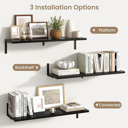 Fun Memories Deep Floating Shelves, 32W x 8D Floating Shelves Set of 2, Wall Mounted Shelf with Metal Brackets, Rustic Wood Wall Shelf for Bathroom, Kitchen and Living Room, Black