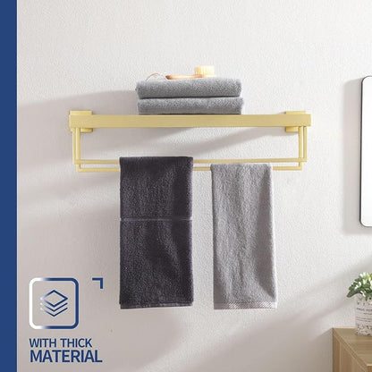 KOKOSIRI Towel Shelf Holder 20'' Bathroom Towel Rack with Two Bath Towel Bars Rails SUS304 Stainless Steel Wall Mount, Brushed Gold B6003BG-L20